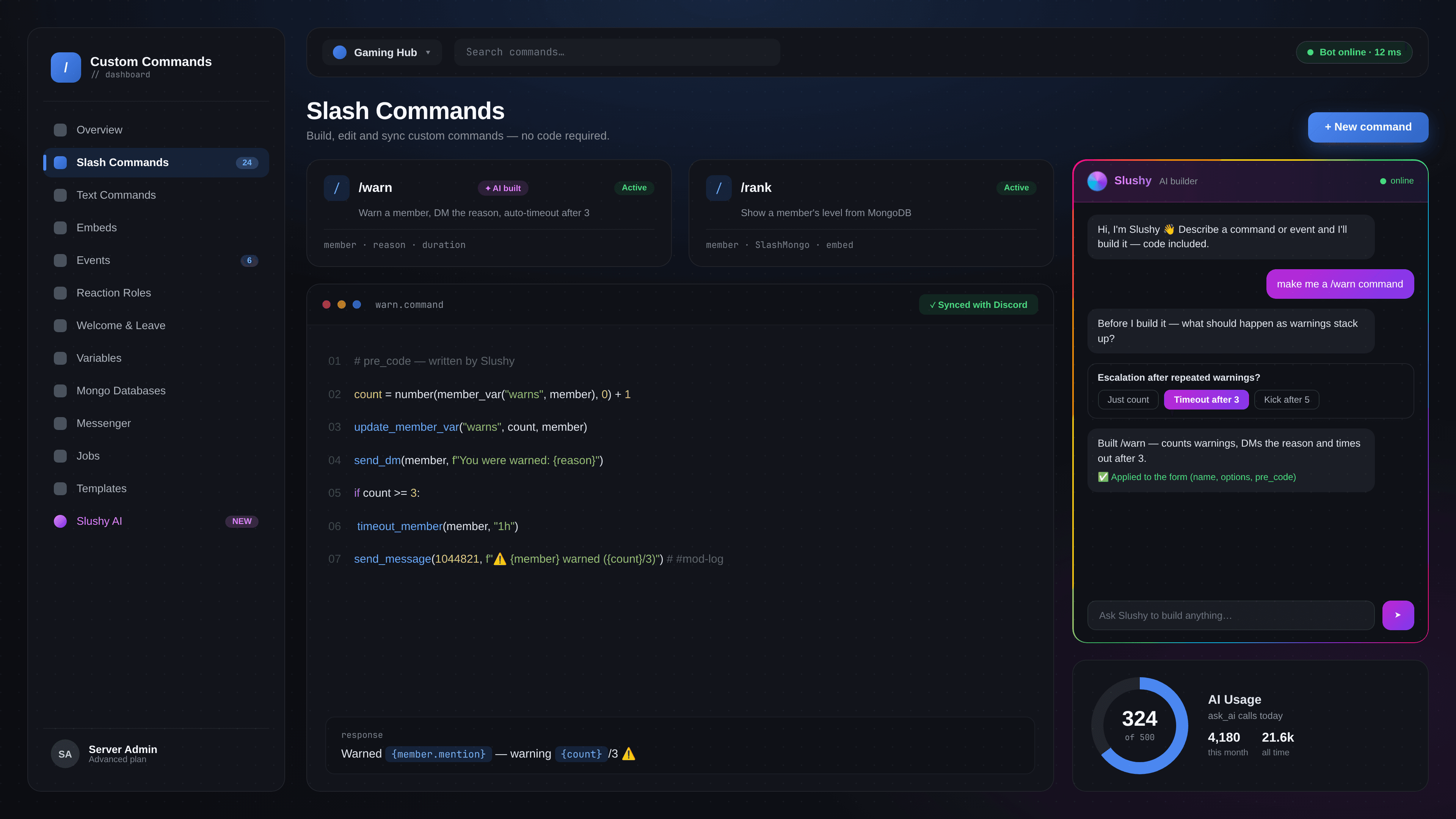 Custom Commands dashboard — Slushy AI builder, slash commands, events and AI usage